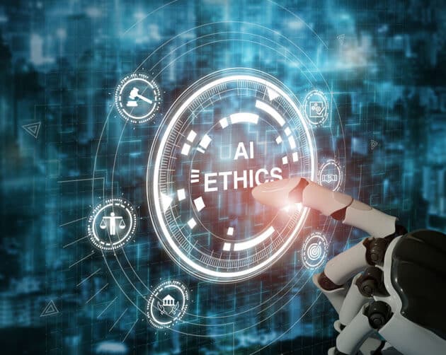 A robotic hand points to a digital interface displaying the words "AI Ethics." Surrounding icons represent various concepts like justice and law, set against a futuristic cityscape background. ©Mobysoft