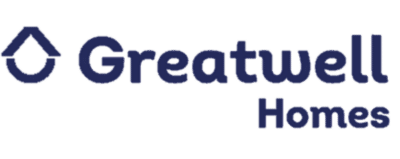 Logo for Greatwell Homes. The design features a stylized house roof icon, embodying protection against damp and mould, followed by the words "Greatwell Homes" in bold, navy blue letters. ©Mobysoft