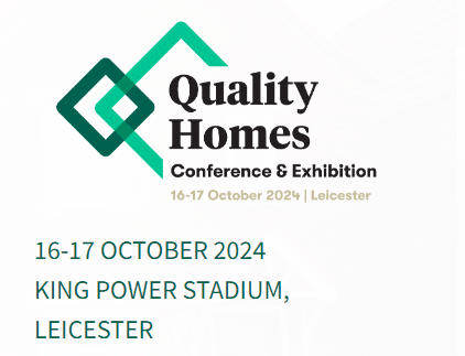 Logo for the Quality Homes Conference & Exhibition, taking place on 16-17 October 2024 at King Power Stadium, Leicester. The design features abstract shapes and text in black and green. ©Mobysoft