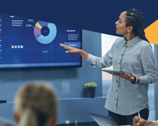 A woman presents data on a large screen showing colorful charts and graphs in a modern office setting. She holds a tablet and points to the display, engaging an audience partially visible in the foreground. ©Mobysoft