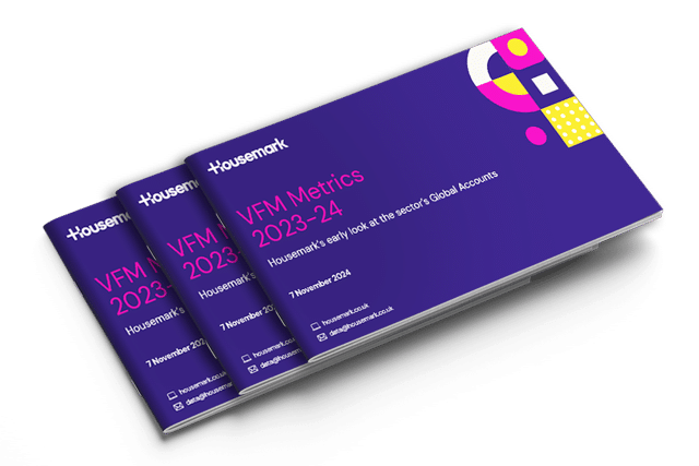 Three purple booklets titled "VFM Metrics 2023-24" by Housemark are stacked, featuring abstract geometric shapes in white, pink, and yellow. The date "7 November 2024" is visible. Dive into these pages for insights alongside captivating social housing stories from the past month. ©Mobysoft